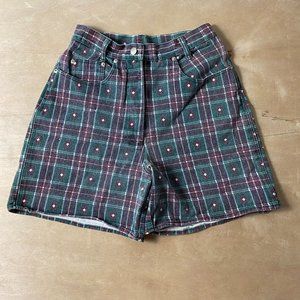 Vintage Style High-waist KYOTO Green/Burgundy Red Plaided Shorts Women's Size 9